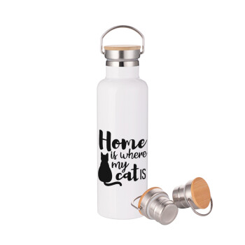 Home is where my cat is!, Stainless steel White with wooden lid (bamboo), double wall, 750ml