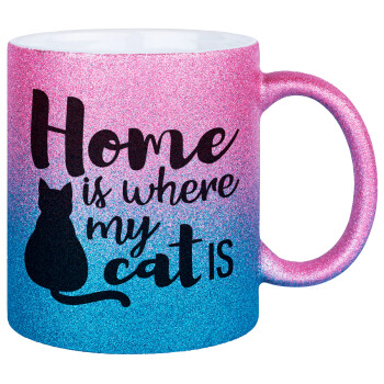 Home is where my cat is!, Κούπα Χρυσή/Μπλε Glitter, κεραμική, 330ml