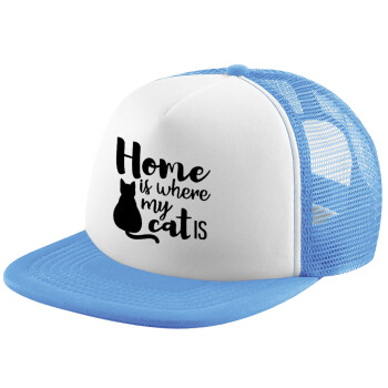 Home is where my cat is!, Καπέλο παιδικό Soft Trucker με Δίχτυ ΓΑΛΑΖΙΟ/ΛΕΥΚΟ (POLYESTER, ΠΑΙΔΙΚΟ, ONE SIZE)