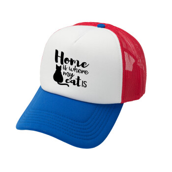 Home is where my cat is!, Καπέλο Soft Trucker με Δίχτυ Red/Blue/White 