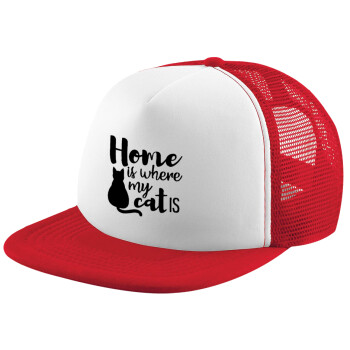 Home is where my cat is!, Καπέλο Ενηλίκων Soft Trucker με Δίχτυ Red/White (POLYESTER, ΕΝΗΛΙΚΩΝ, UNISEX, ONE SIZE)