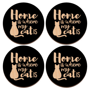 Home is where my cat is!, ΣΕΤ x4 Σουβέρ ξύλινα στρογγυλά plywood (9cm)