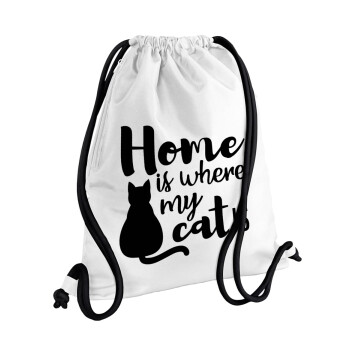 Home is where my cat is!, Backpack pouch GYMBAG white, with pocket (40x48cm) & thick cords