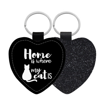 Home is where my cat is!, Μπρελόκ PU δερμάτινο glitter καρδιά ΜΑΥΡΟ