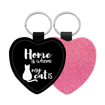 Home is where my cat is!, Μπρελόκ PU δερμάτινο glitter καρδιά ΡΟΖ
