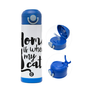 Home is where my cat is!, Children's hot water bottle, stainless steel, with safety straw, BLUE (500ml)