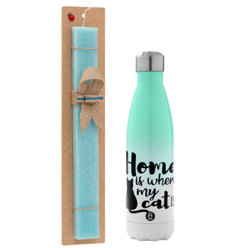Home is where my cat is!, Easter Set, Metallic green/white thermos (Stainless steel), double-walled, 500ml & scented flat Easter candle (30cm) (TURQUOISE)
