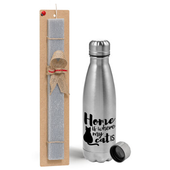 Home is where my cat is!, Easter Set, metallic Inox water bottle (750ml) & aromatic flat Easter candle (30cm) (GRAY)