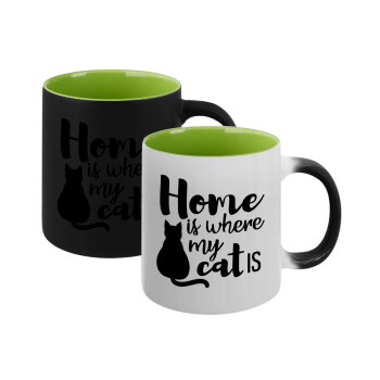 Home is where my cat is!, Κούπα Μαγική εσωτερικό πράσινο, κεραμική 330ml που αλλάζει χρώμα με το ζεστό ρόφημα