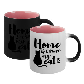 Home is where my cat is!, Κούπα Μαγική εσωτερικό ΡΟΖ, κεραμική 330ml που αλλάζει χρώμα με το ζεστό ρόφημα (1 τεμάχιο)