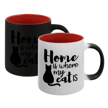 Home is where my cat is!, Κούπα Μαγική εσωτερικό κόκκινο, κεραμική, 330ml που αλλάζει χρώμα με το ζεστό ρόφημα