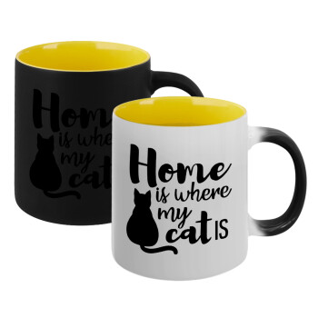 Home is where my cat is!, Κούπα Μαγική εσωτερικό κίτρινη, κεραμική 330ml που αλλάζει χρώμα με το ζεστό ρόφημα (1 τεμάχιο)