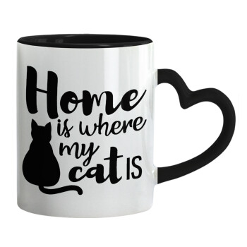 Home is where my cat is!, Κούπα καρδιά χερούλι μαύρη, κεραμική, 330ml