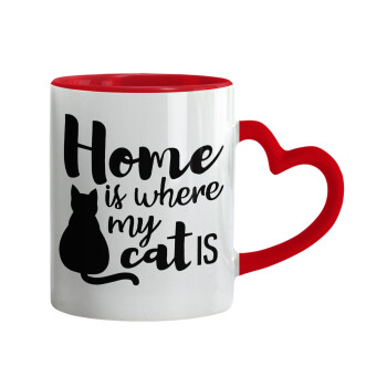 Home is where my cat is!, Mug heart red handle, ceramic, 330ml
