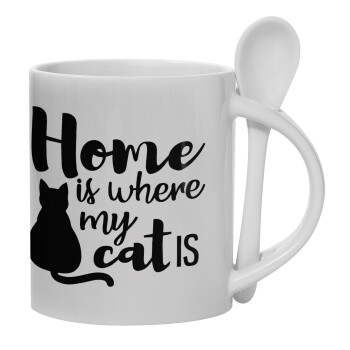 Home is where my cat is!, Ceramic coffee mug with Spoon, 330ml (1pcs)