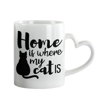 Home is where my cat is!, Κούπα καρδιά χερούλι λευκή, κεραμική, 330ml