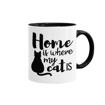 Home is where my cat is!, Κούπα χρωματιστή μαύρη, κεραμική, 330ml