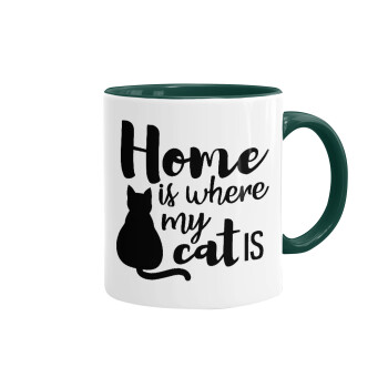 Home is where my cat is!, Κούπα χρωματιστή πράσινη, κεραμική, 330ml