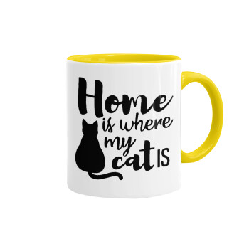 Home is where my cat is!, Κούπα χρωματιστή κίτρινη, κεραμική, 330ml