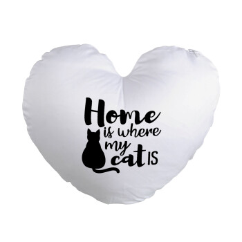 Home is where my cat is!, Μαξιλάρι καναπέ καρδιά 40x40cm περιέχεται το  γέμισμα