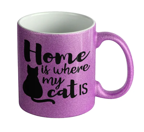 Home is where my cat is! — Κούπα Μωβ Glitter που γυαλίζει, κεραμική, 330ml
