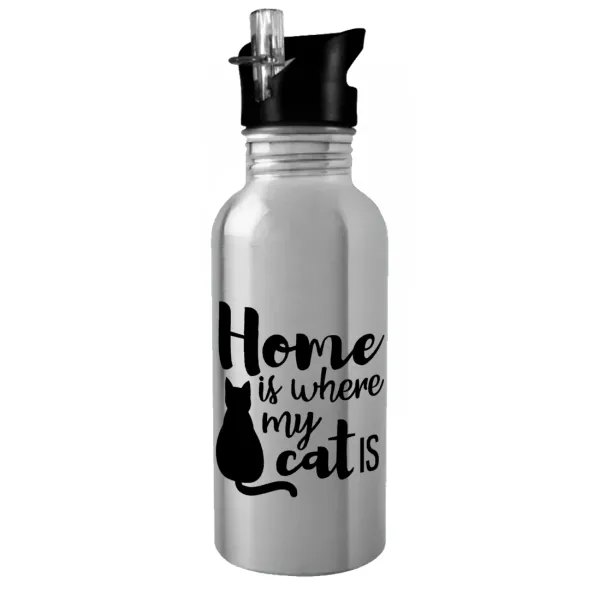 Home is where my cat is! — Παγούρι νερού Ασημένιο με καλαμάκι, ανοξείδωτο ατσάλι 600ml
