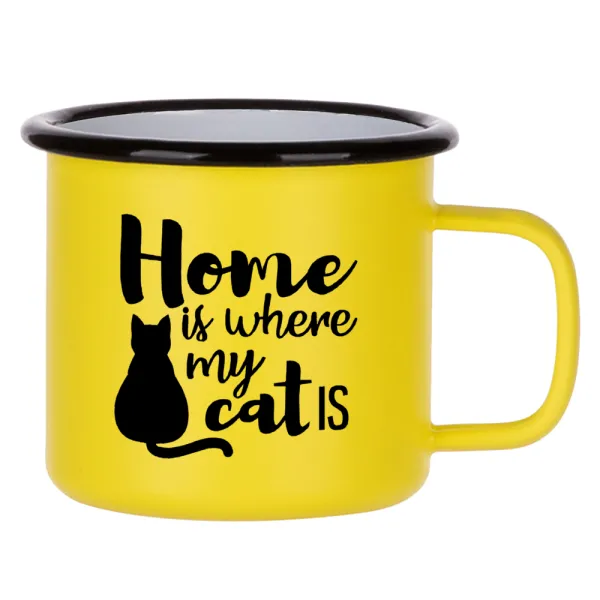Home is where my cat is! — Metallic enamel MATT Yellow cup 360ml