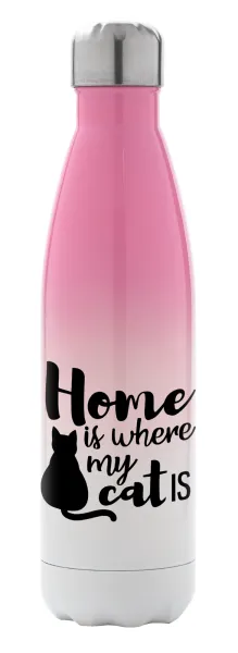 Home is where my cat is! — Metal mug thermos Pink/White (Stainless steel), double wall, 500ml