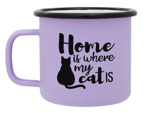 Home is where my cat is! — Metal enamel mug, matte light pastel purple, 360ml