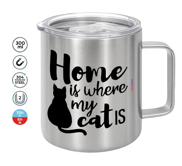 Home is where my cat is! — Double-walled stainless steel mug 300ml with temperature-retaining lid