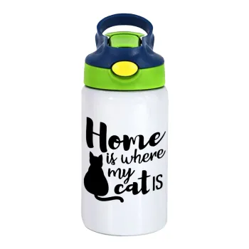 Home is where my cat is!, Παιδικό παγούρι θερμό, ανοξείδωτο, με καλαμάκι ασφαλείας, πράσινο/μπλε (350ml)
