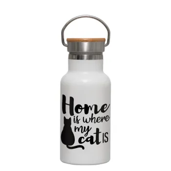 Home is where my cat is!, Metallic thermos (Stainless steel) White with wooden lid (bamboo), double-walled, 350ml