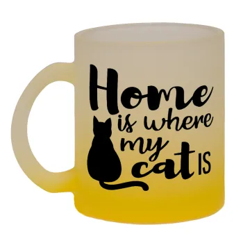 Home is where my cat is!, Κούπα γυάλινη δίχρωμη με βάση το κίτρινο ματ, 330ml
