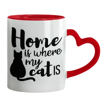 Home is where my cat is!, Κούπα καρδιά χερούλι κόκκινη, κεραμική, 330ml