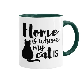 Home is where my cat is!, Κούπα χρωματιστή πράσινη, κεραμική, 330ml