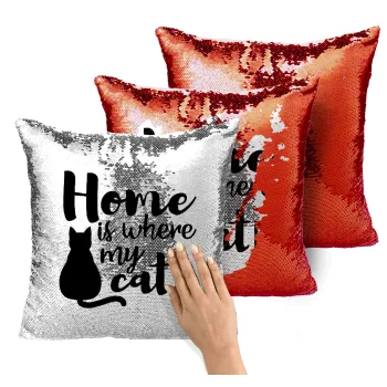 Home is where my cat is!, Μαξιλάρι καναπέ Μαγικό Κόκκινο με πούλιες 40x40cm περιέχεται το γέμισμα