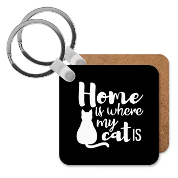 Home is where my cat is!, Μπρελόκ Ξύλινο τετράγωνο MDF