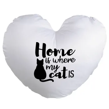 Home is where my cat is!, Μαξιλάρι καναπέ καρδιά 40x40cm περιέχεται το  γέμισμα
