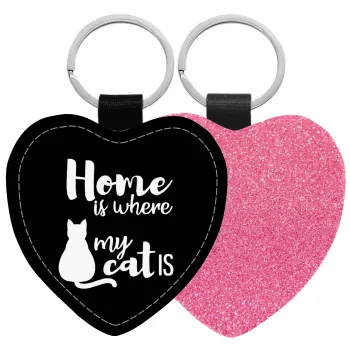 Home is where my cat is!, Μπρελόκ PU δερμάτινο glitter καρδιά ΡΟΖ