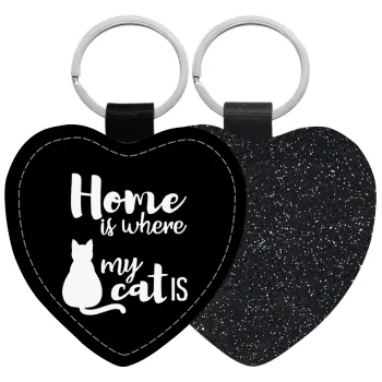 Home is where my cat is!, Μπρελόκ PU δερμάτινο glitter καρδιά ΜΑΥΡΟ