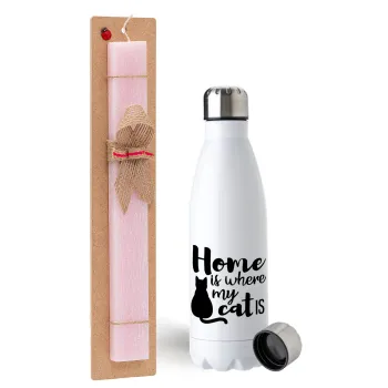 Home is where my cat is!, Easter Set, metallic stainless steel water bottle (750ml) & scented flat Easter candle (30cm) (PINK)