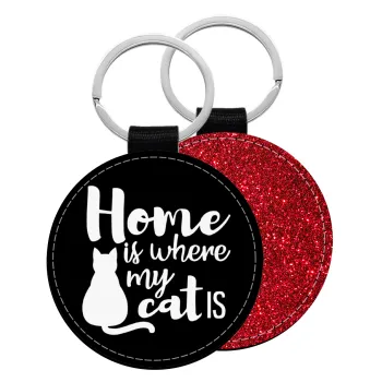 Home is where my cat is!, Μπρελόκ Δερματίνη, στρογγυλό ΚΟΚΚΙΝΟ (5cm)