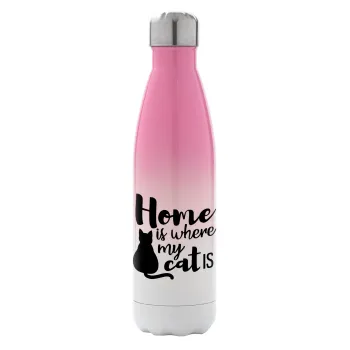 Home is where my cat is!, Metal mug thermos Pink/White (Stainless steel), double wall, 500ml