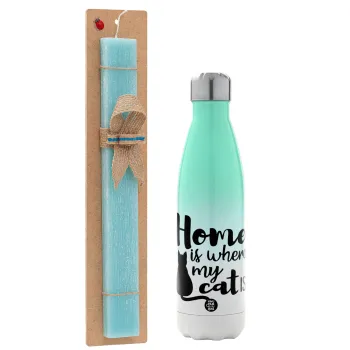 Home is where my cat is!, Easter Set, Metallic green/white thermos (Stainless steel), double-walled, 500ml & scented flat Easter candle (30cm) (TURQUOISE)