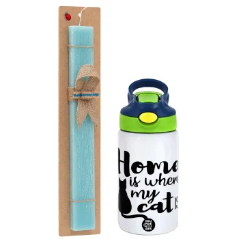 Home is where my cat is!, Easter Set, Children's thermal stainless steel bottle with safety straw, green/blue (350ml) & aromatic flat Easter candle (30cm) (TURQUOISE)
