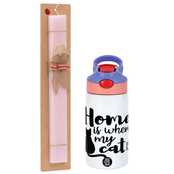 Home is where my cat is!, Πασχαλινή Λαμπάδα με Παιδικό παγούρι θερμό, ανοξείδωτο, με καλαμάκι ασφαλείας, ροζ/μωβ (350ml) & κερί αρωματικό πλακέ (30cm) (ΡΟΖ)