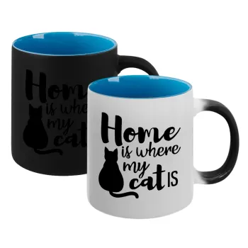 Home is where my cat is!, Κούπα Μαγική εσωτερικό μπλε, κεραμική 330ml που αλλάζει χρώμα με το ζεστό ρόφημα