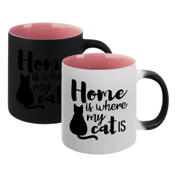 Home is where my cat is!, Κούπα Μαγική εσωτερικό ΡΟΖ, κεραμική 330ml που αλλάζει χρώμα με το ζεστό ρόφημα