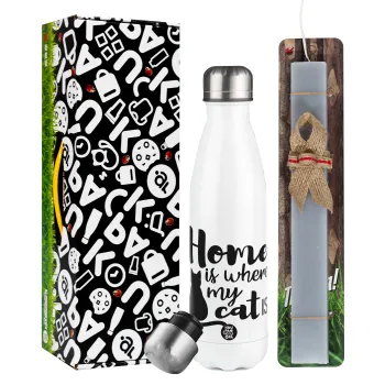 Home is where my cat is!, Πασχαλινή Λαμπάδα με μεταλλικό παγούρι θερμός λευκός (500ml) & λαμπάδα αρωματική πλακέ (30cm) (ΓΚΡΙ)