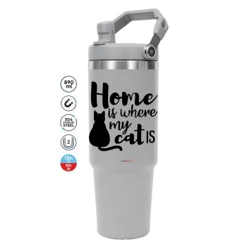 Home is where my cat is!, GREY color, 890ml (30oz) stainless Steel Tumbler with Handle